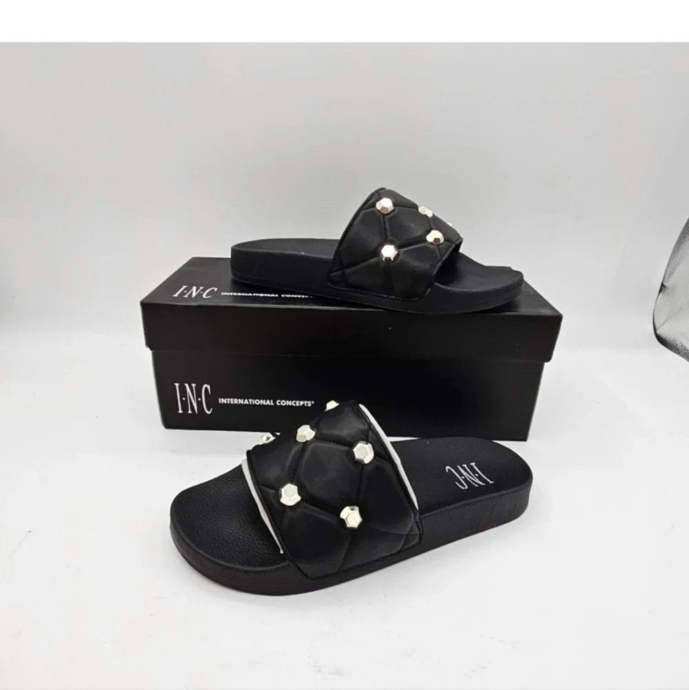 INC Womens Slide Sandals Quilted Peymin Faux Leather Round Toe Slip On Black 6 M